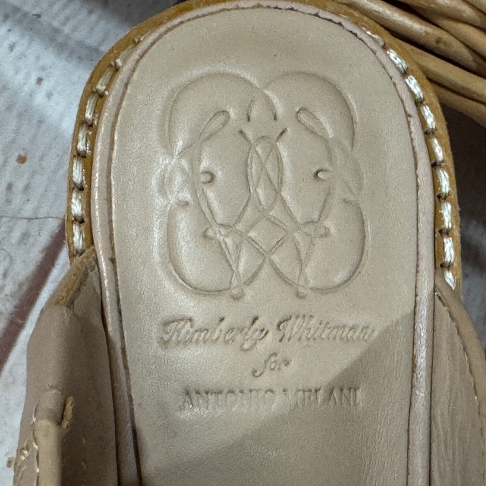 ANTONIO MELANI Kimberly Whitman Beige Tan Leather Wooden Clogs Mules Heels 7.5 - Picture 9 of 12